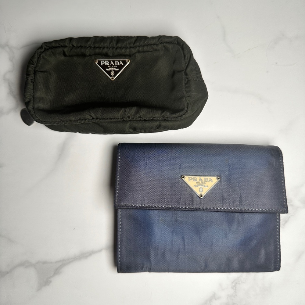 Prada blue wallet and dark green almost black coin purse